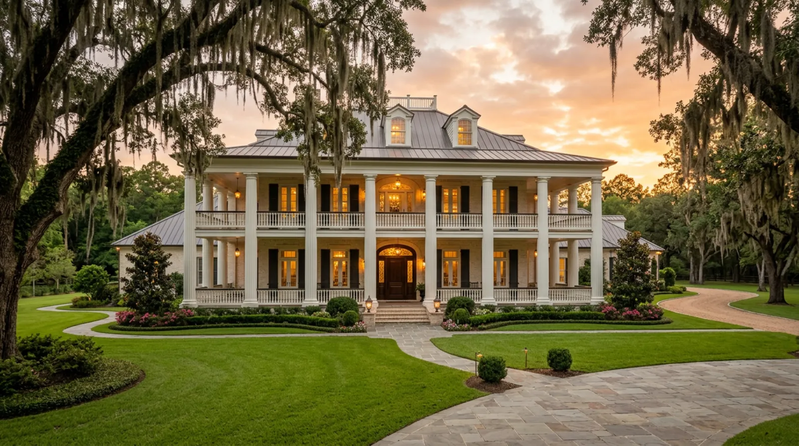 Luxury Acadiana estate home framed by live oaks at golden hour